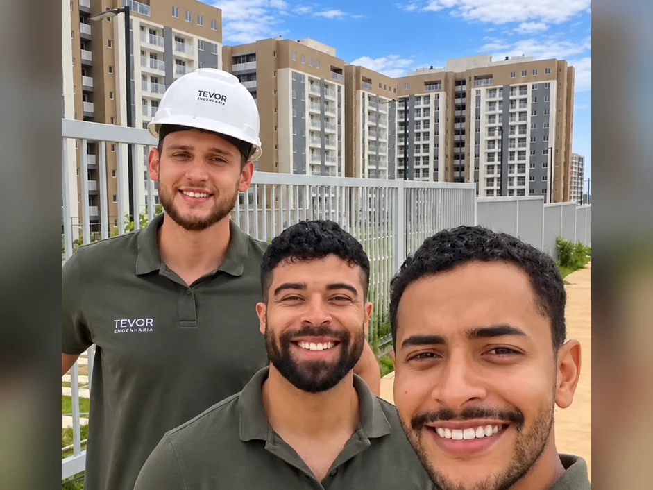 Três integrantes da equipe Tevor em inspeção, com edifícios ao fundo